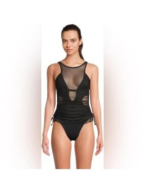 NWT BECCA Muse Macie High Neck Black Mesh Overlay One Piece Small Swimsuit